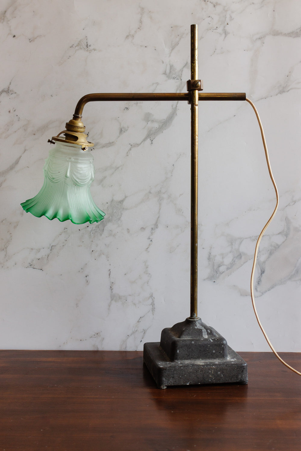antique french adjustable brass and marble table lamp with green glass shade