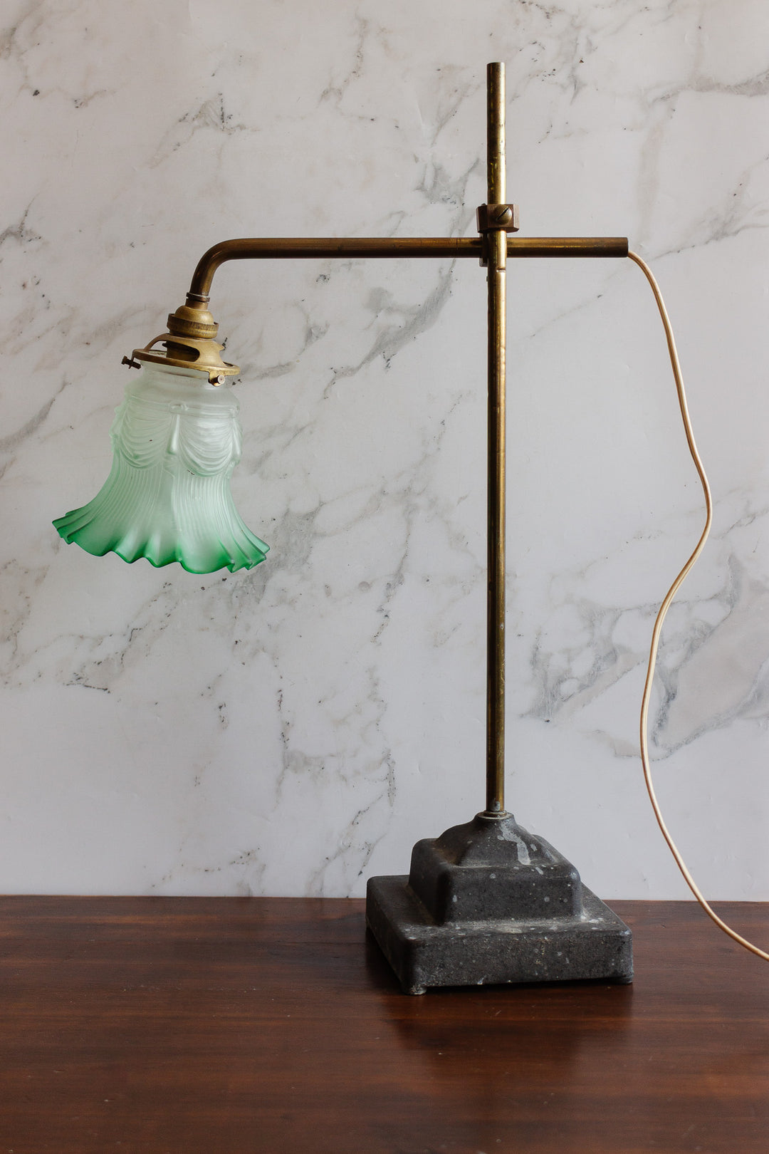 antique french adjustable brass and marble table lamp with green glass shade
