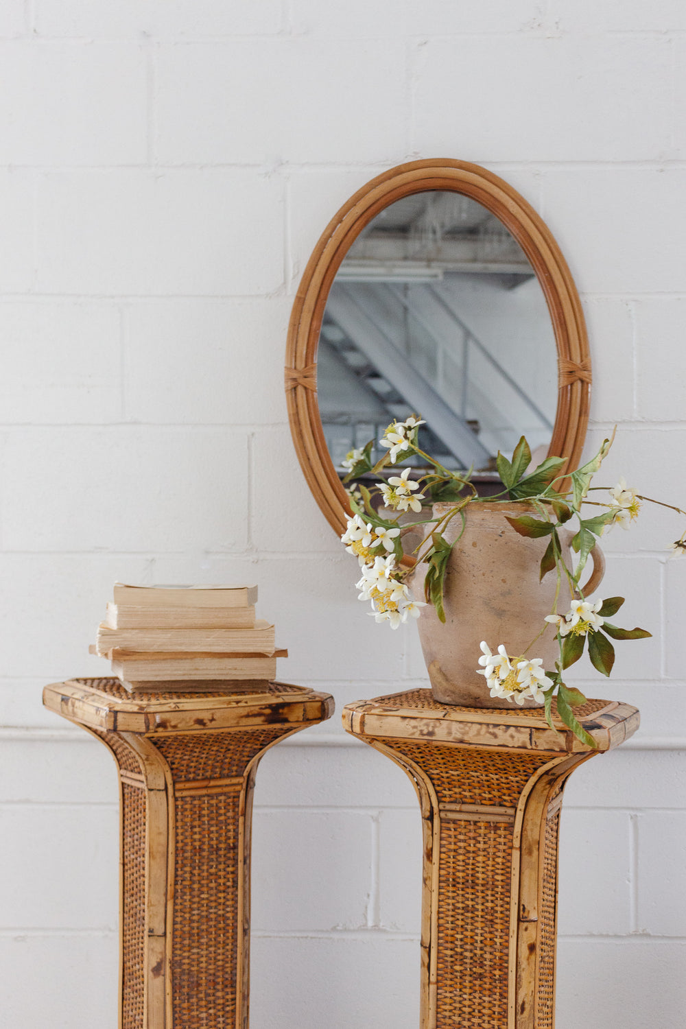 rattan and burnt bamboo plinths