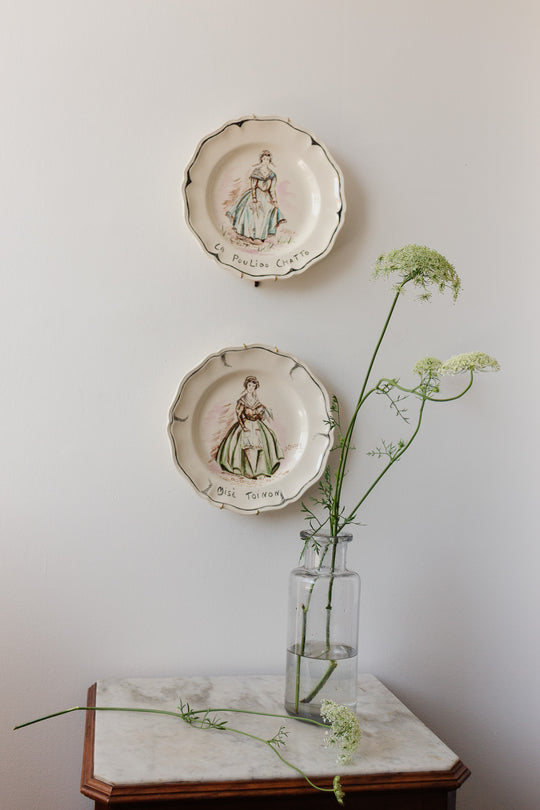 pair of 1920s sarreguemines talking plates, design by j colong