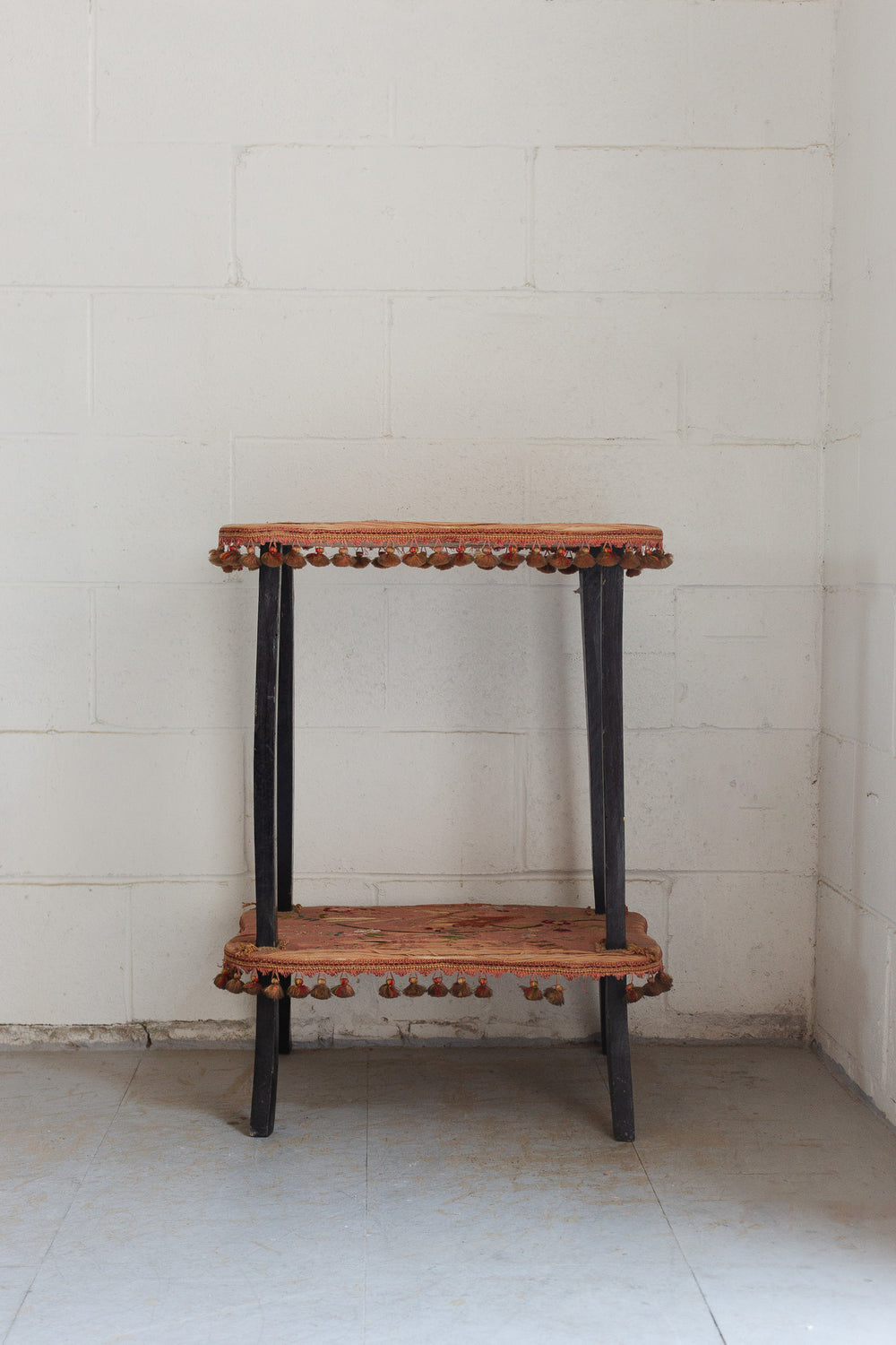 antique french embroidered silk table with fringe