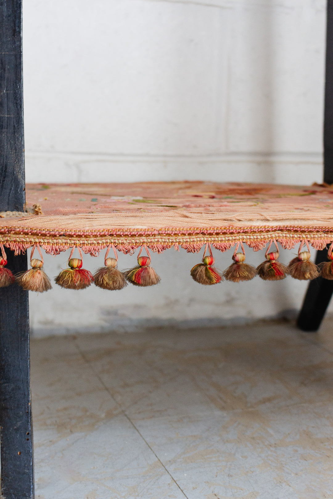 antique french embroidered silk table with fringe