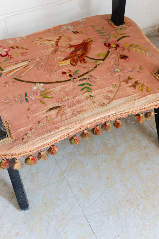 antique french embroidered silk table with fringe