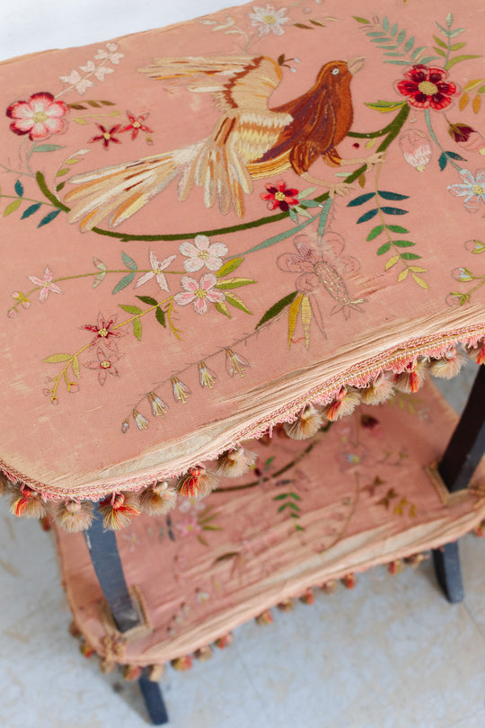 antique french embroidered silk table with fringe
