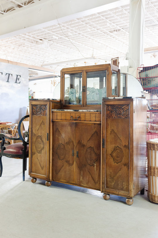 antique french walnut art deco sideboard with marble top, vitrine cabinet, and mirrored sides