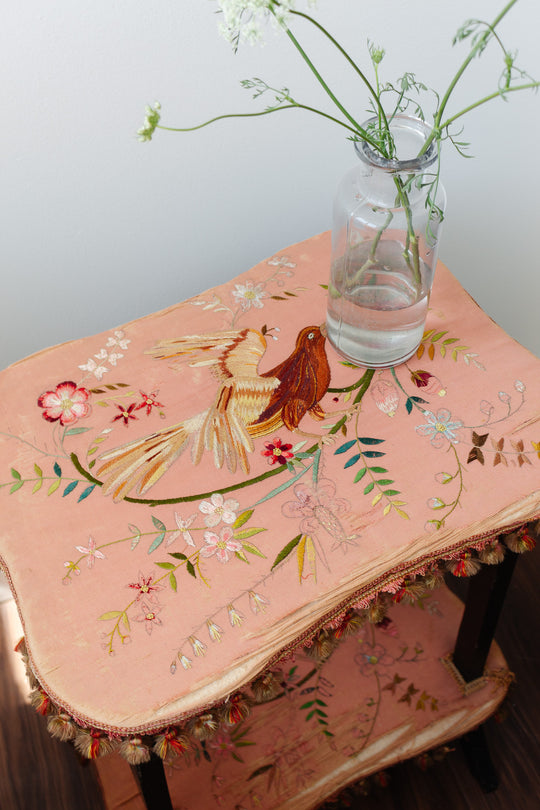 antique french embroidered silk table with fringe
