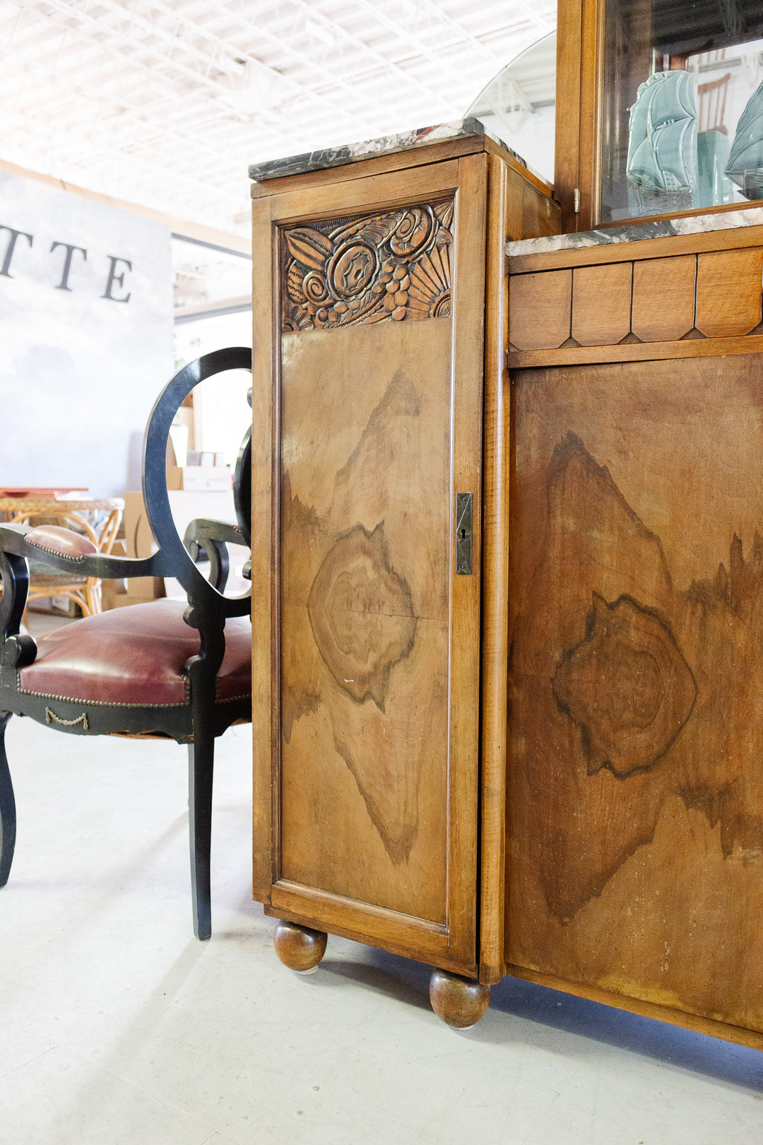 antique french walnut art deco sideboard with marble top, vitrine cabinet, and mirrored sides