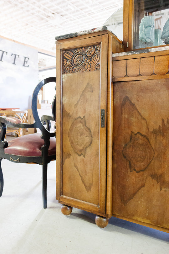 antique french walnut art deco sideboard with marble top, vitrine cabinet, and mirrored sides