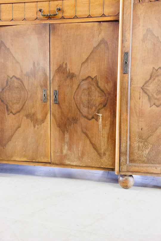 antique french walnut art deco sideboard with marble top, vitrine cabinet, and mirrored sides