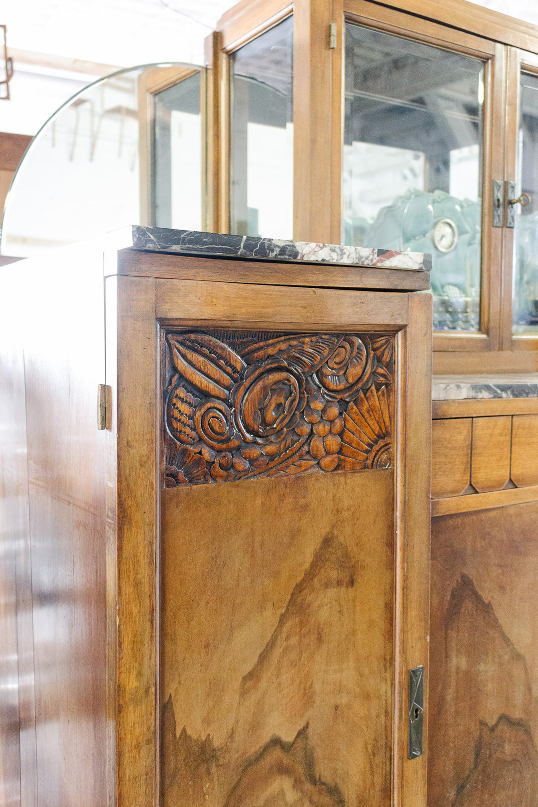 antique french walnut art deco sideboard with marble top, vitrine cabinet, and mirrored sides