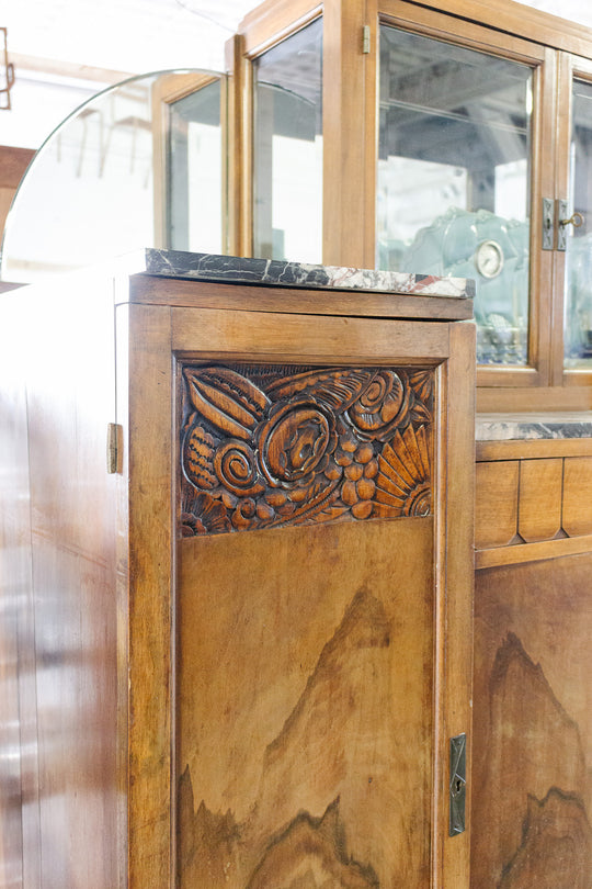 antique french walnut art deco sideboard with marble top, vitrine cabinet, and mirrored sides