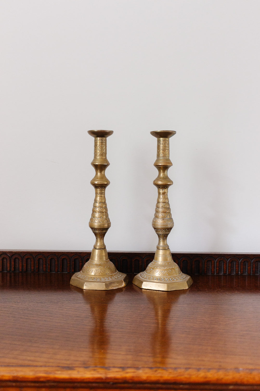 pair of vintage french etched brass candlesticks