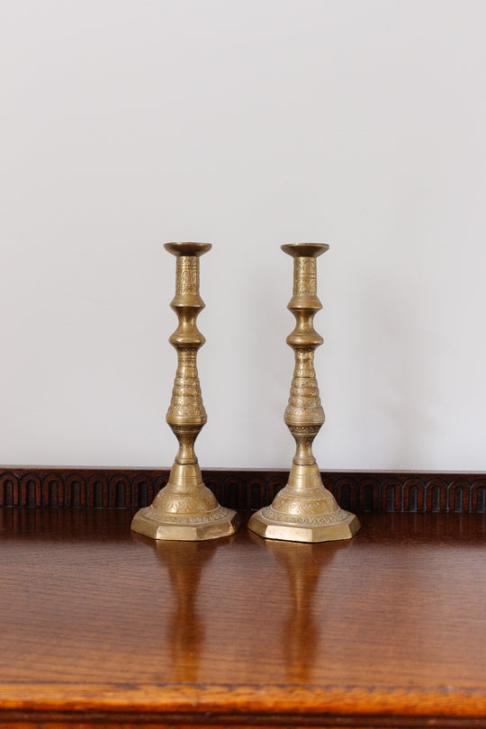 pair of vintage french etched brass candlesticks