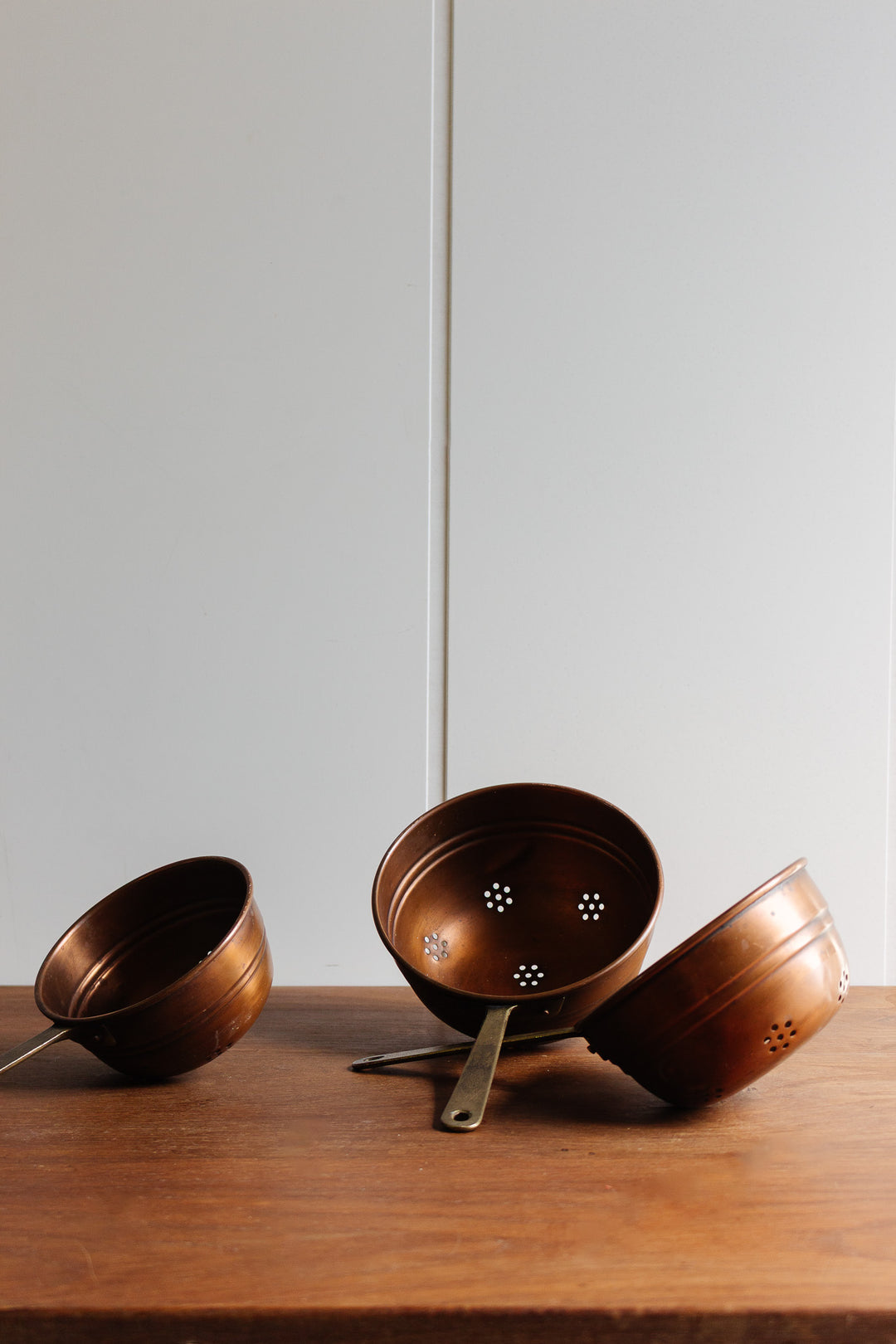 set of 3 vintage french copper colanders