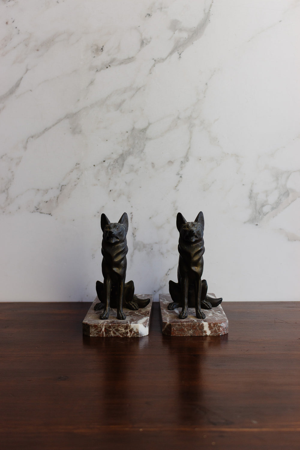 vintage french metal and marble german shepherd book ends