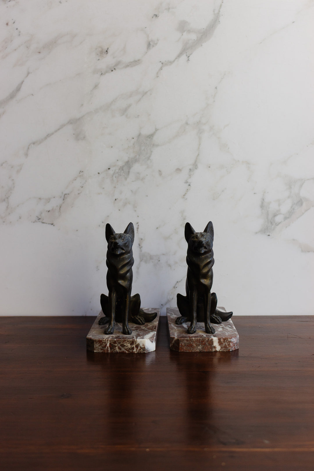 vintage french metal and marble german shepherd book ends