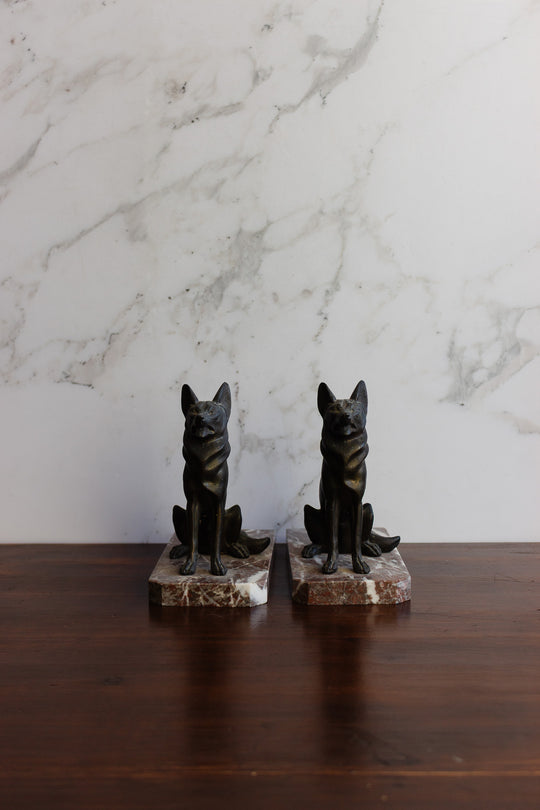 vintage french metal and marble german shepherd book ends