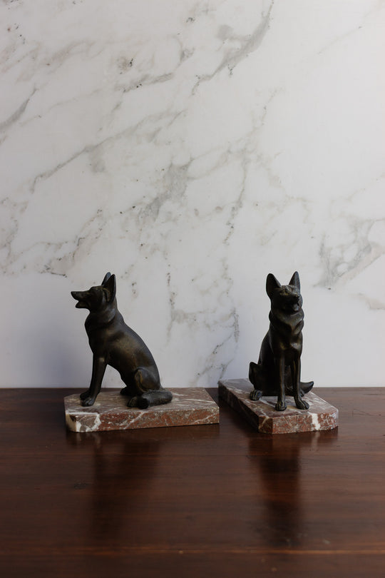 vintage french metal and marble german shepherd book ends