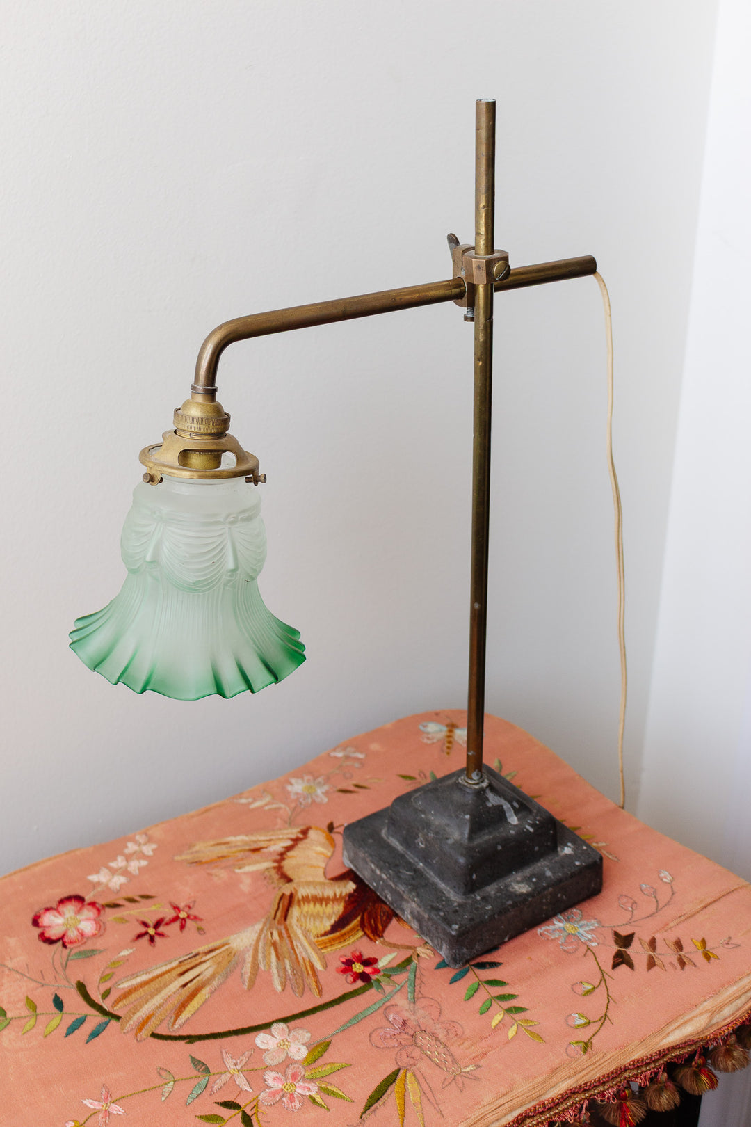 antique french adjustable brass and marble table lamp with green glass shade