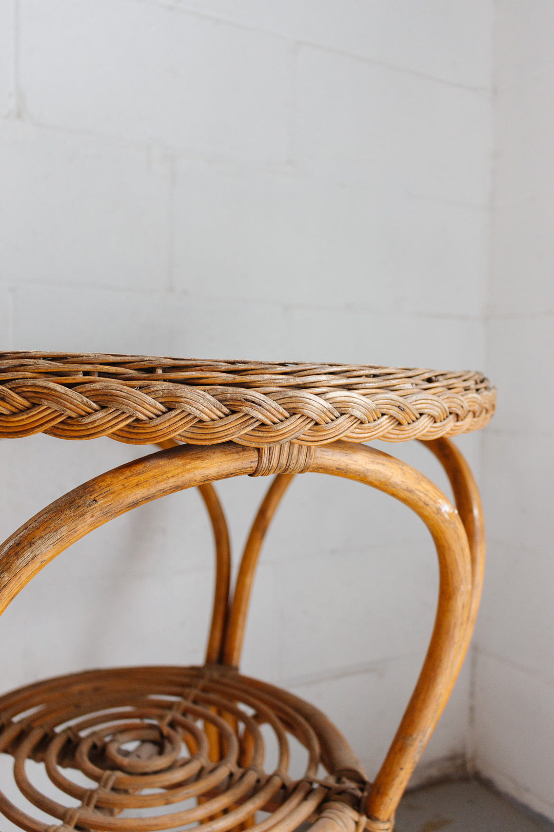 1960s french bamboo and rattan bistro table, in the style of Franco Albini