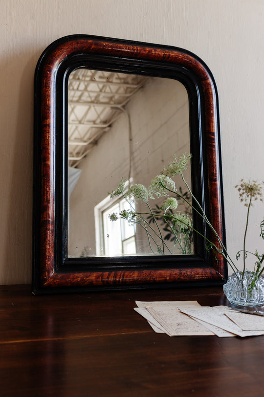 antique french louis-philippe mirror with tortoiseshell ebonized frame