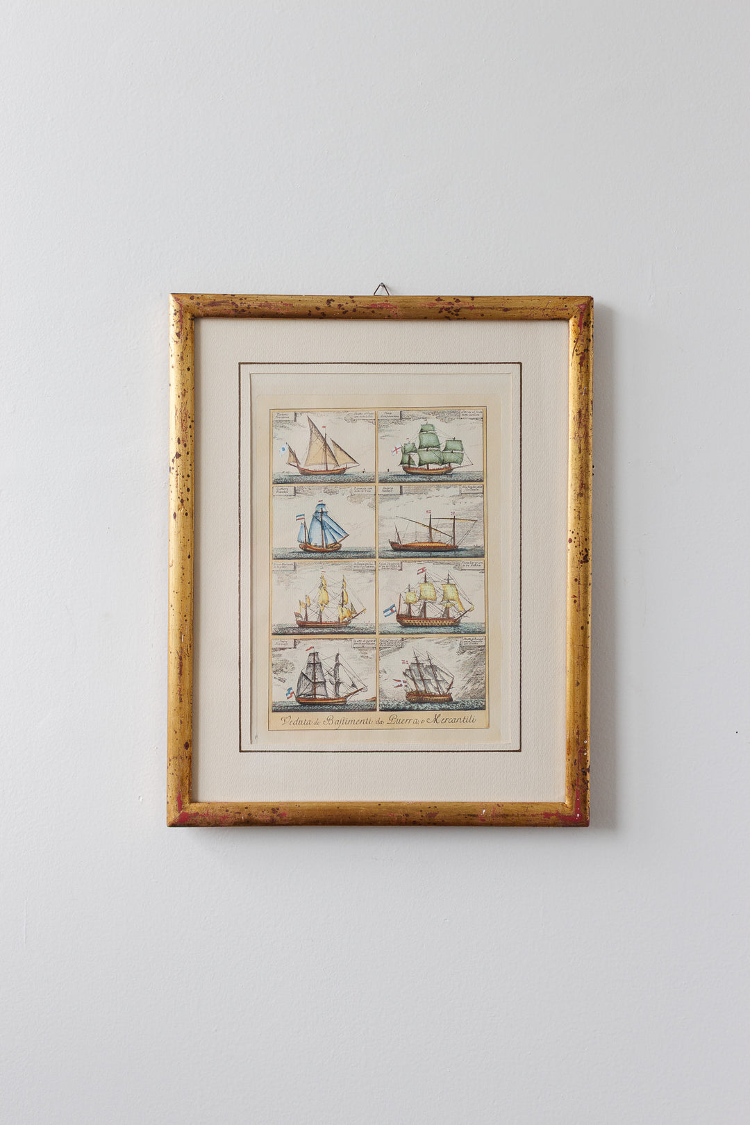 19th century hand-colored copperplate engraving "Veduta de Bastimenti da Guerra, e Mercantili"