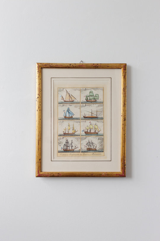 19th century hand-colored copperplate engraving "Veduta de Bastimenti da Guerra, e Mercantili"