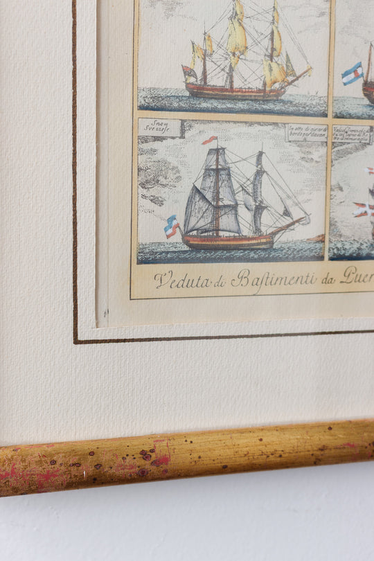 19th century hand-colored copperplate engraving "Veduta de Bastimenti da Guerra, e Mercantili"