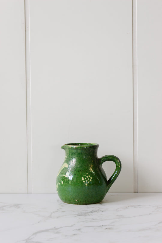 antique french green painted stoneware pitcher
