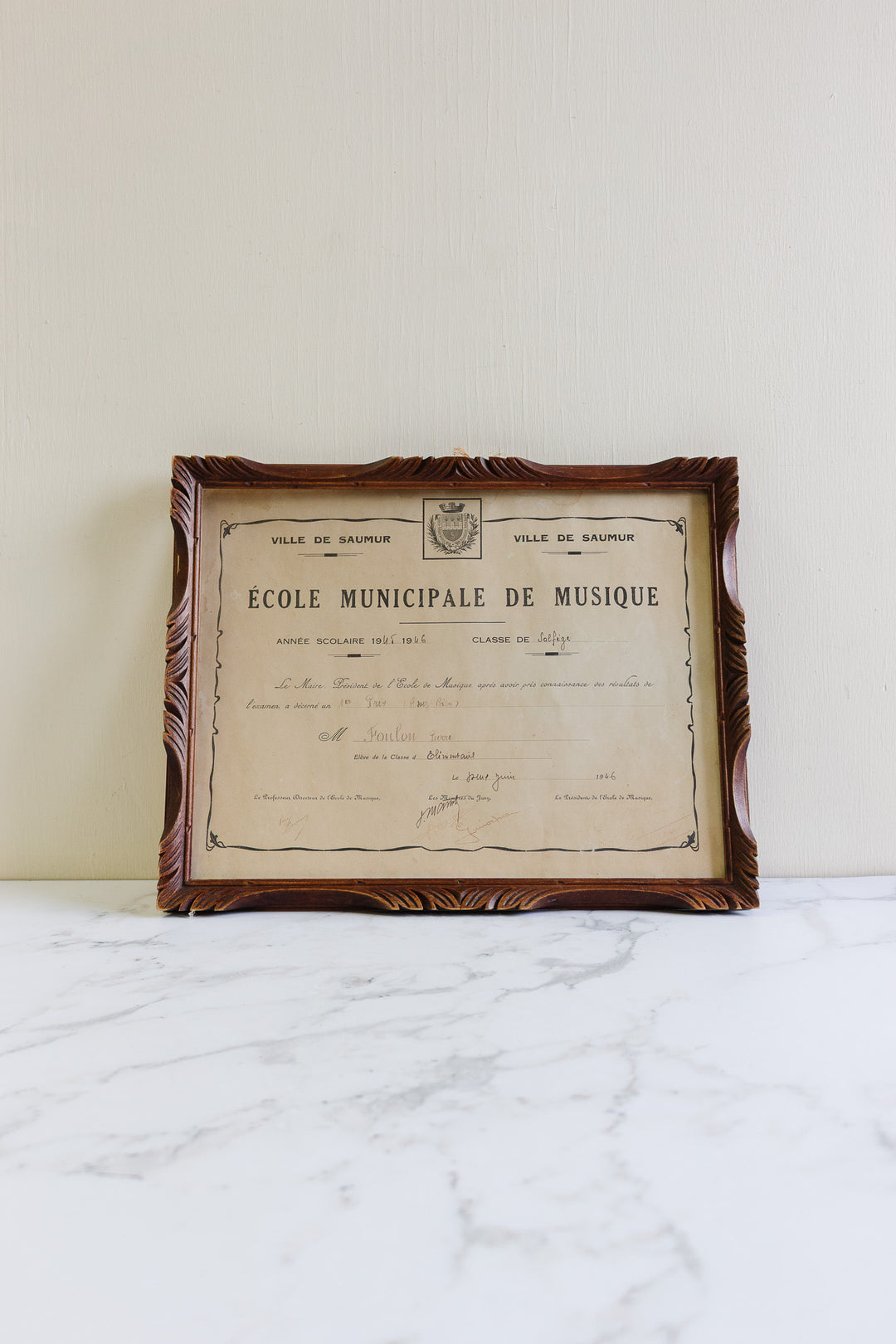 1945 1st prize music certificate from ville de saumur