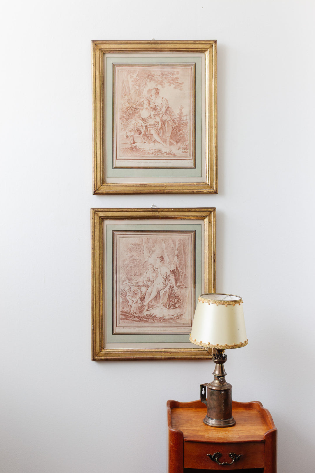 pair of 18th century French chalk-manner (sanguine) crayon engravings