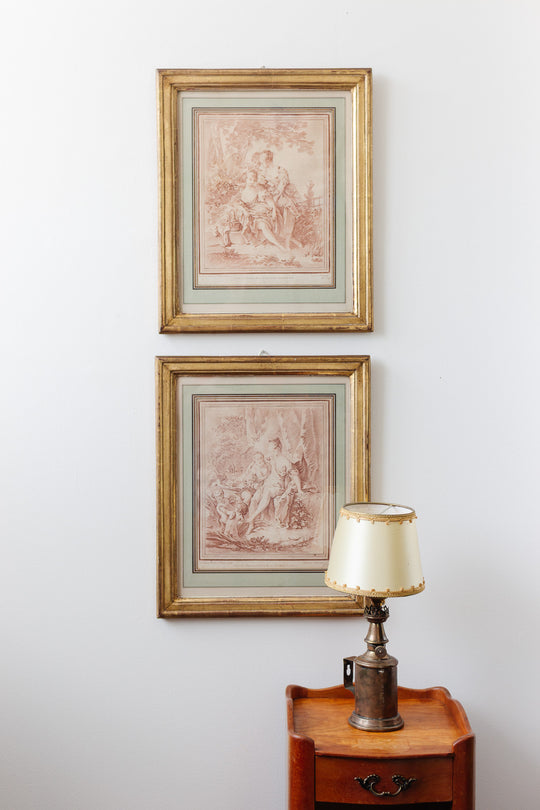 pair of 18th century French chalk-manner (sanguine) crayon engravings