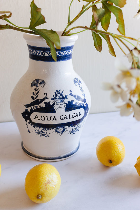 1960s Italian terra cotta blue and white apothecary jar