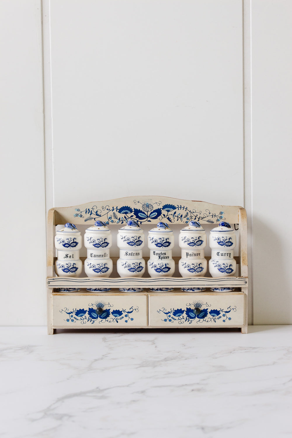 vintage french farmhouse spice rack with porcelain jars