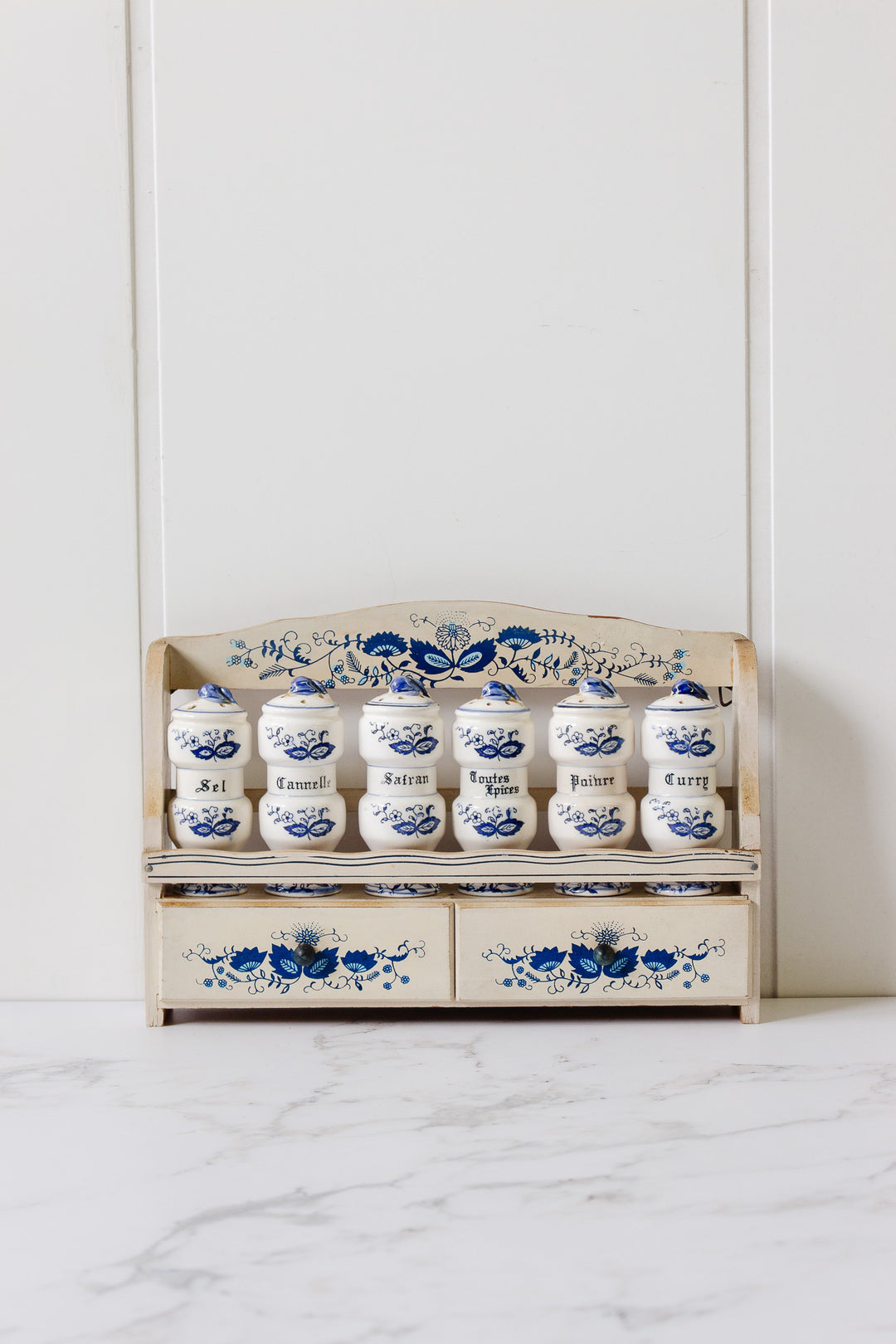 vintage french farmhouse spice rack with porcelain jars