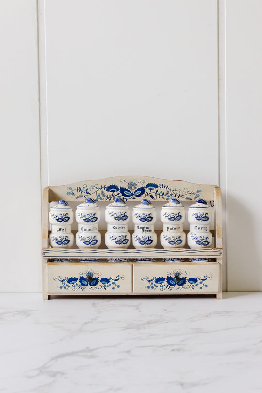 vintage french farmhouse spice rack with porcelain jars
