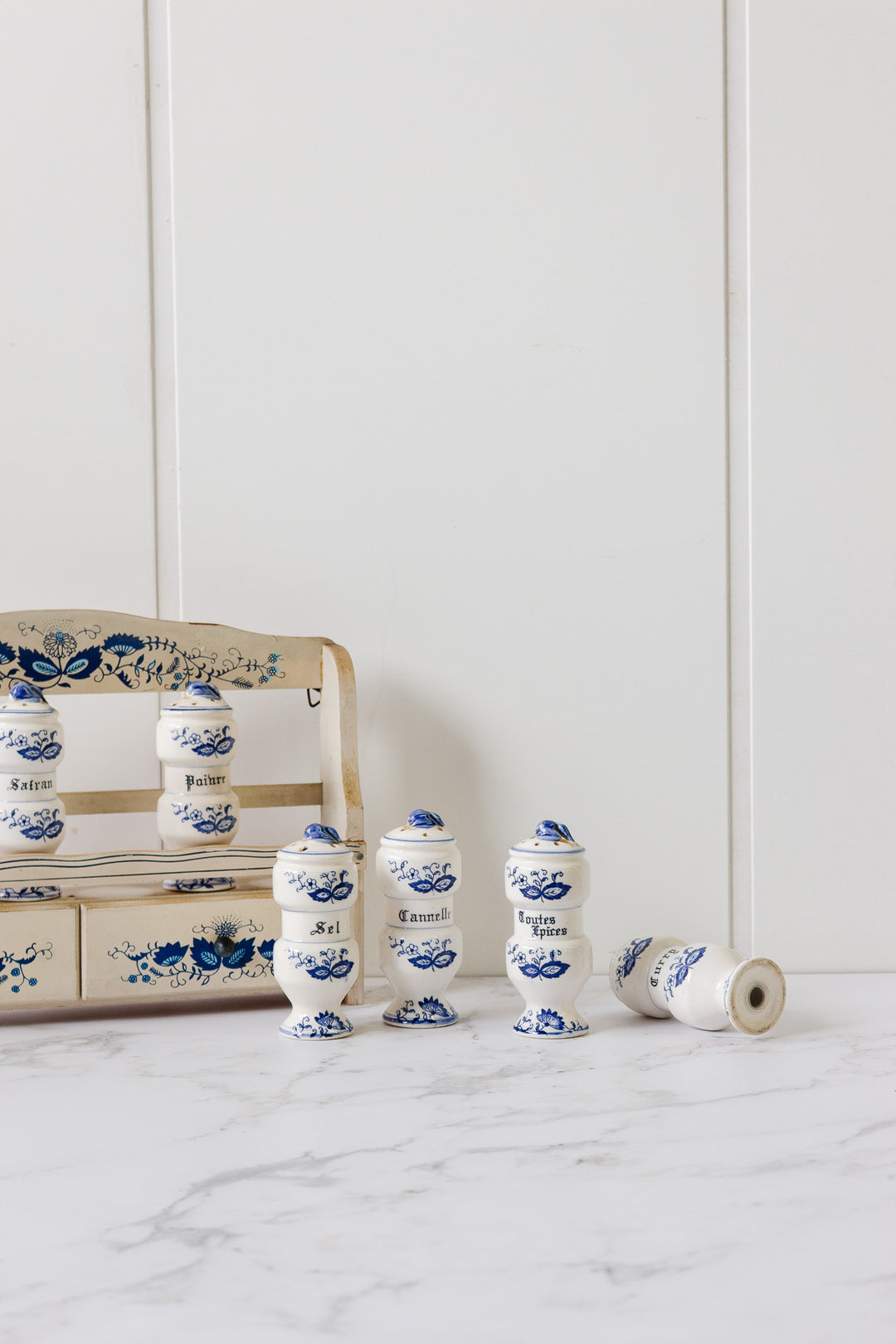 vintage french farmhouse spice rack with porcelain jars