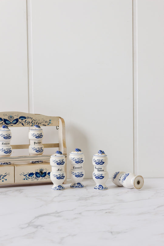 vintage french farmhouse spice rack with porcelain jars