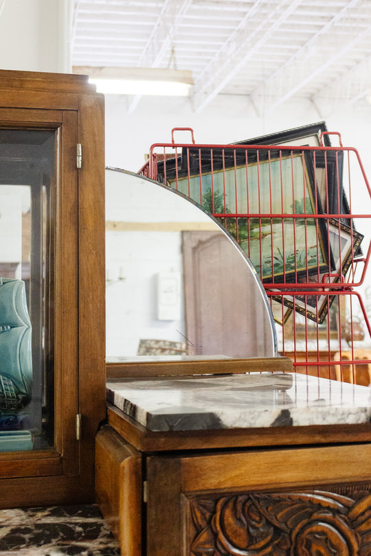 antique french walnut art deco sideboard with marble top, vitrine cabinet, and mirrored sides