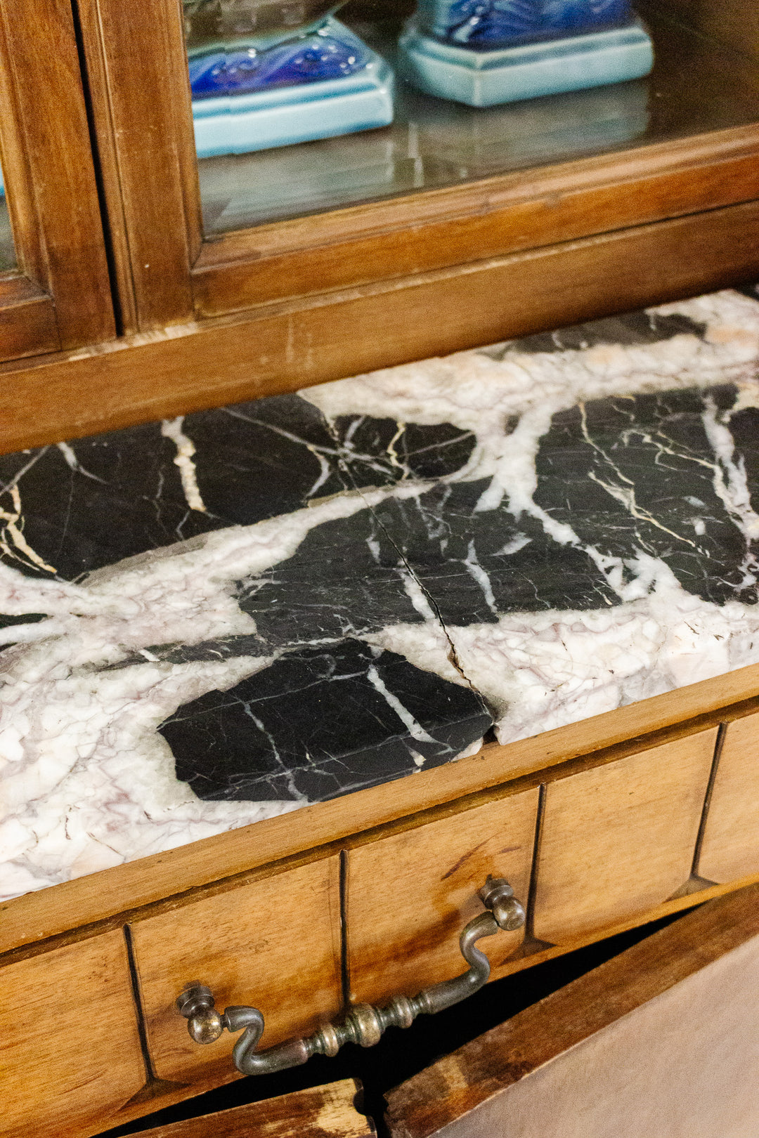 antique french walnut art deco sideboard with marble top, vitrine cabinet, and mirrored sides