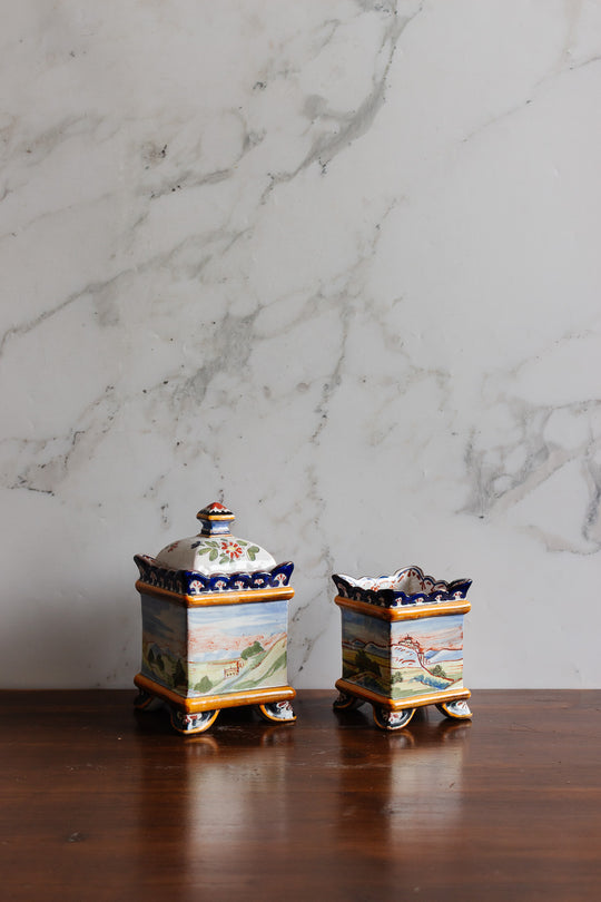 1930s italian majolica square canister pair