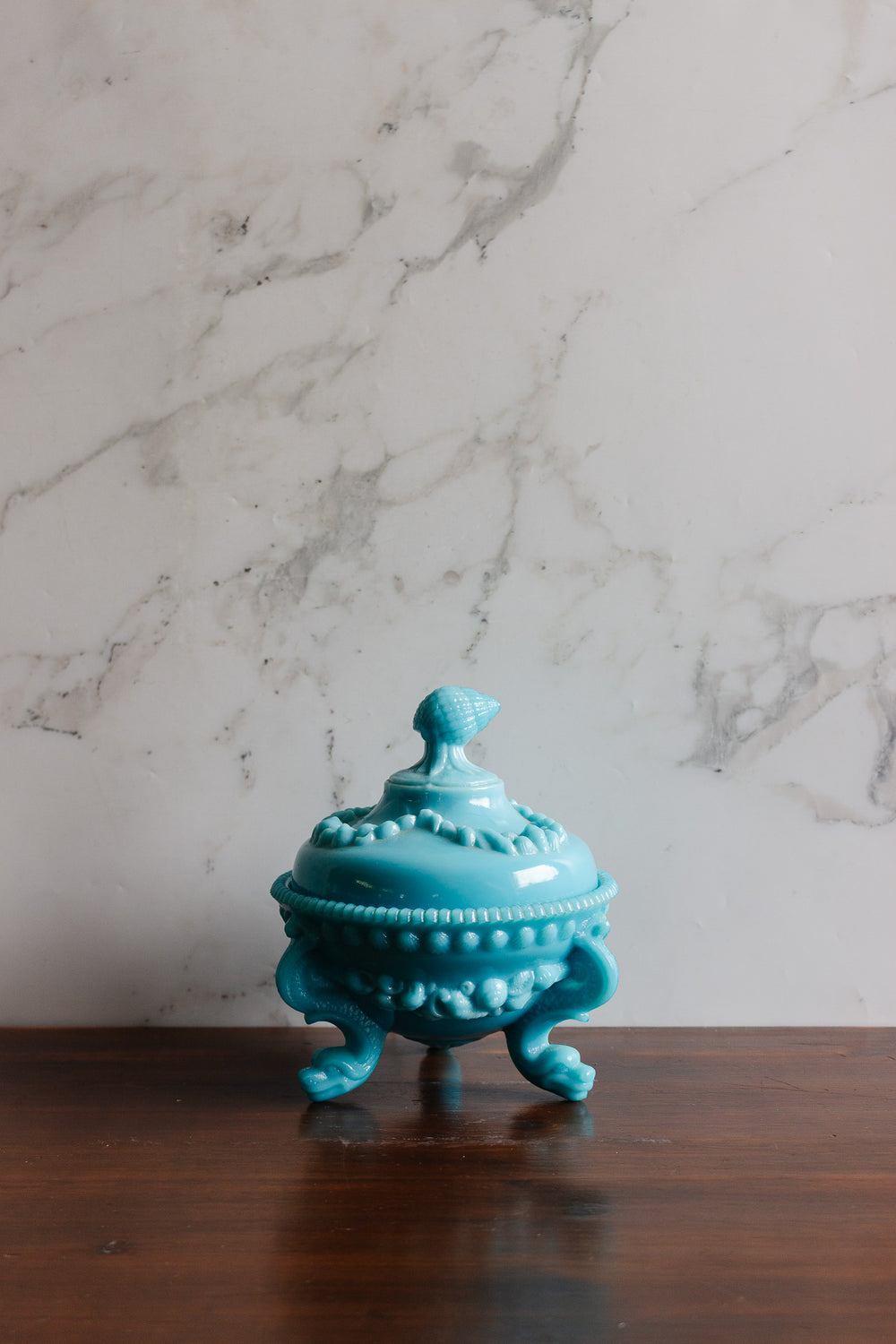 vintage French Portieux Vallérysthal turquoise opaline glass lidded bonbonnière with shell finial