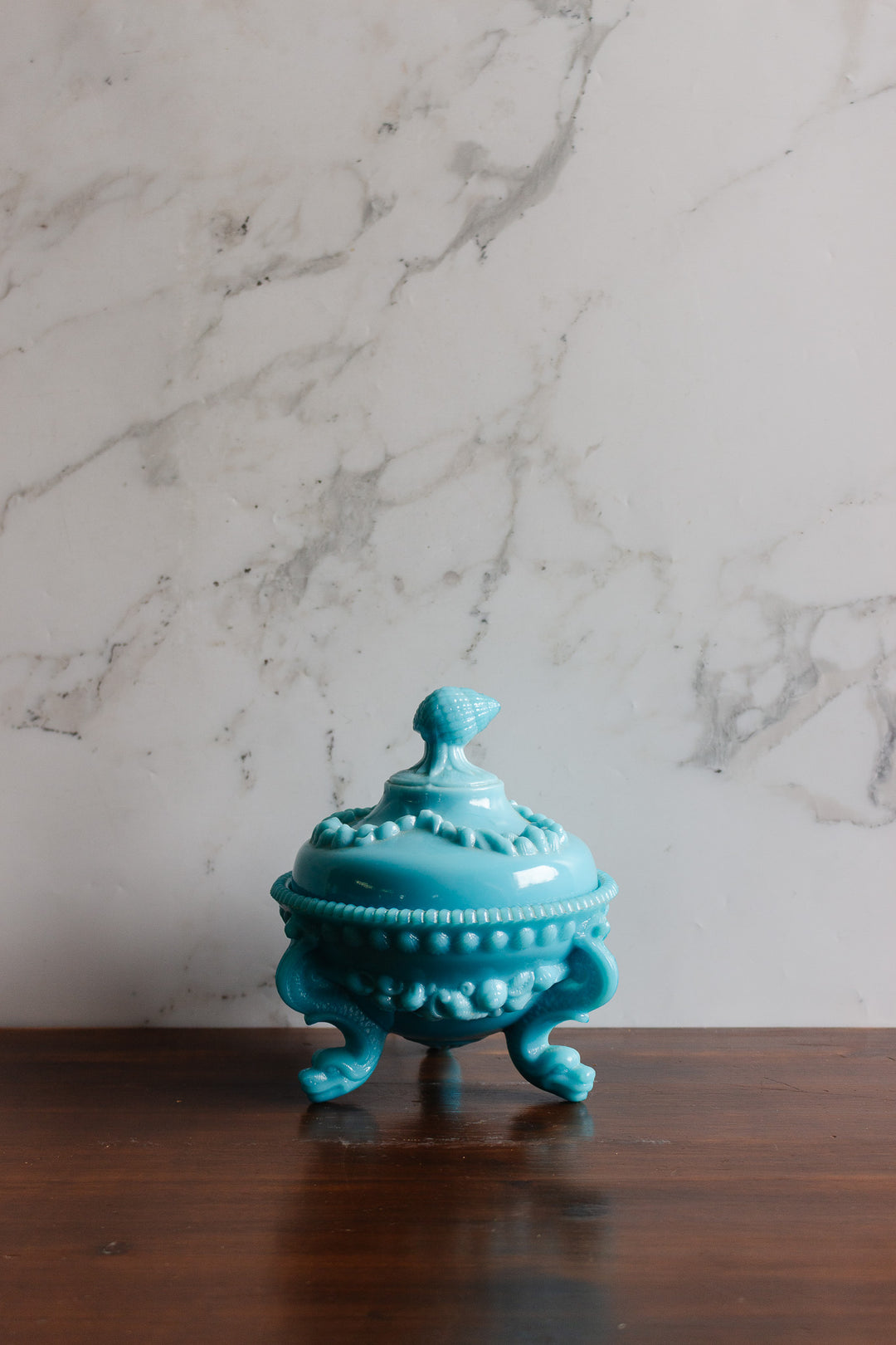 vintage French Portieux Vallérysthal turquoise opaline glass lidded bonbonnière with shell finial