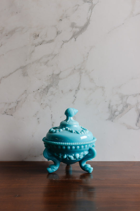 vintage French Portieux Vallérysthal turquoise opaline glass lidded bonbonnière with shell finial