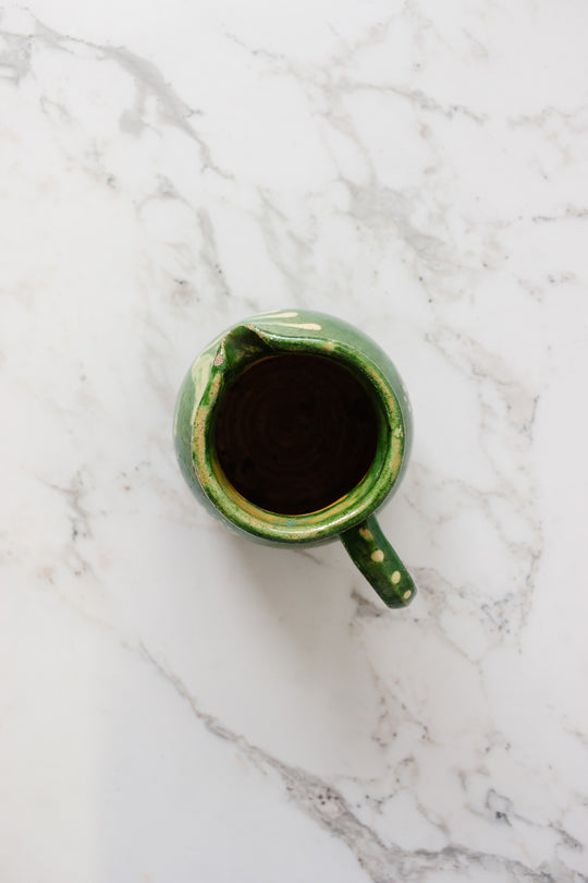 antique french green painted stoneware pitcher