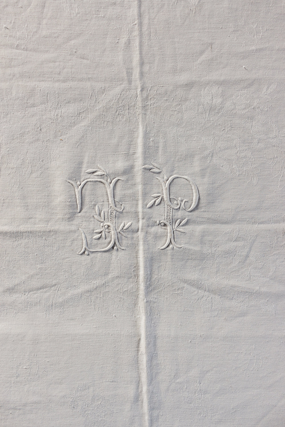 turn of the century French monogrammed white linen table cloth