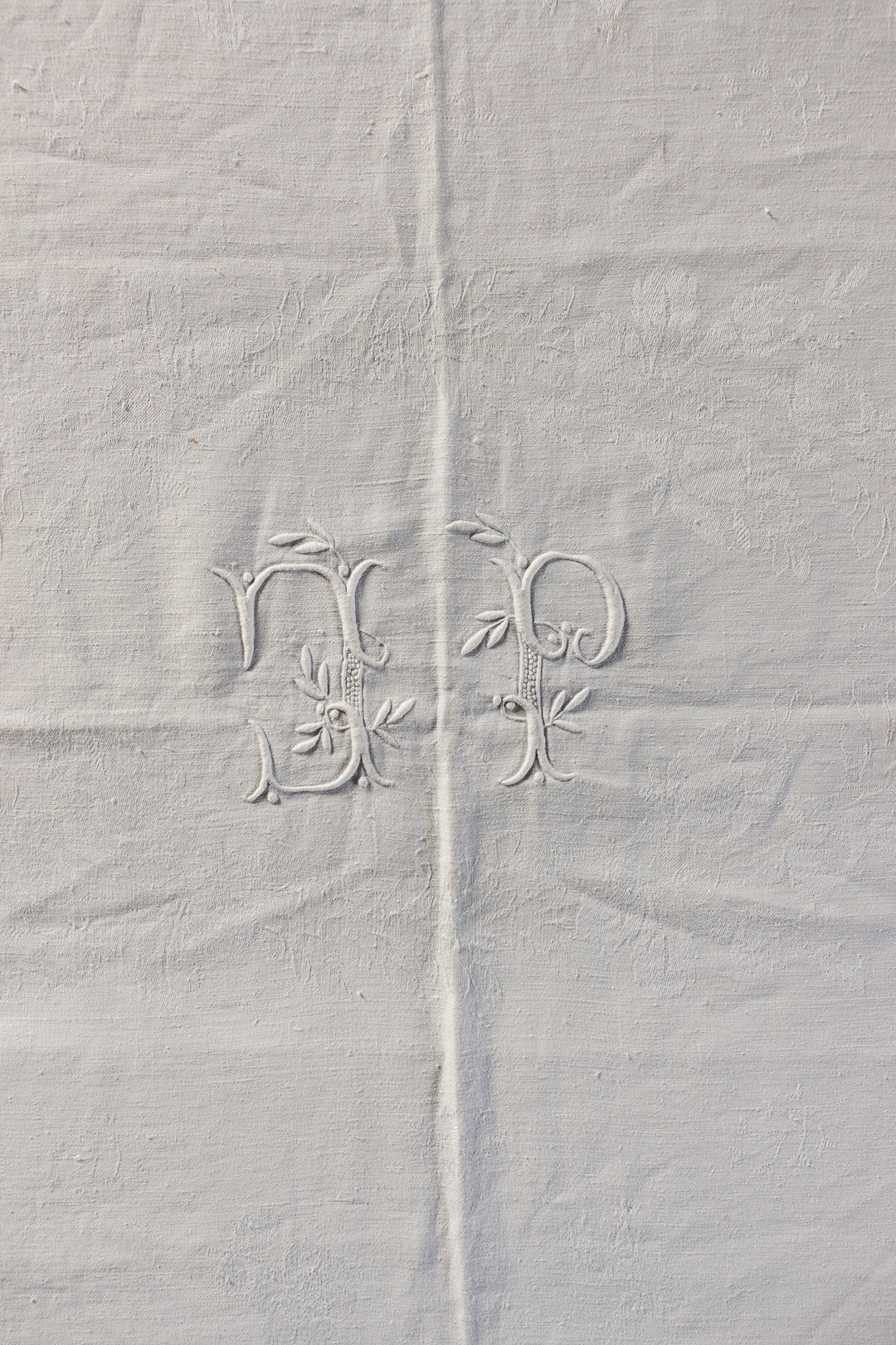 turn of the century French monogrammed white linen table cloth