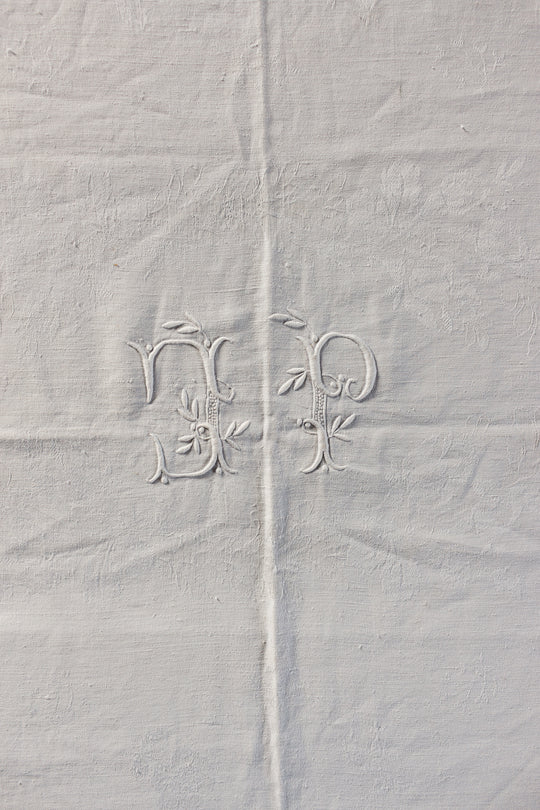 turn of the century French monogrammed white linen table cloth
