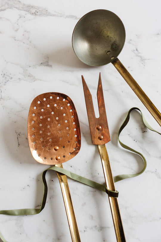 vintage french large copper kitchen utensil trio