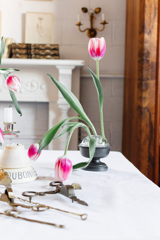 small vintage French floral frog with pewter pedestal base